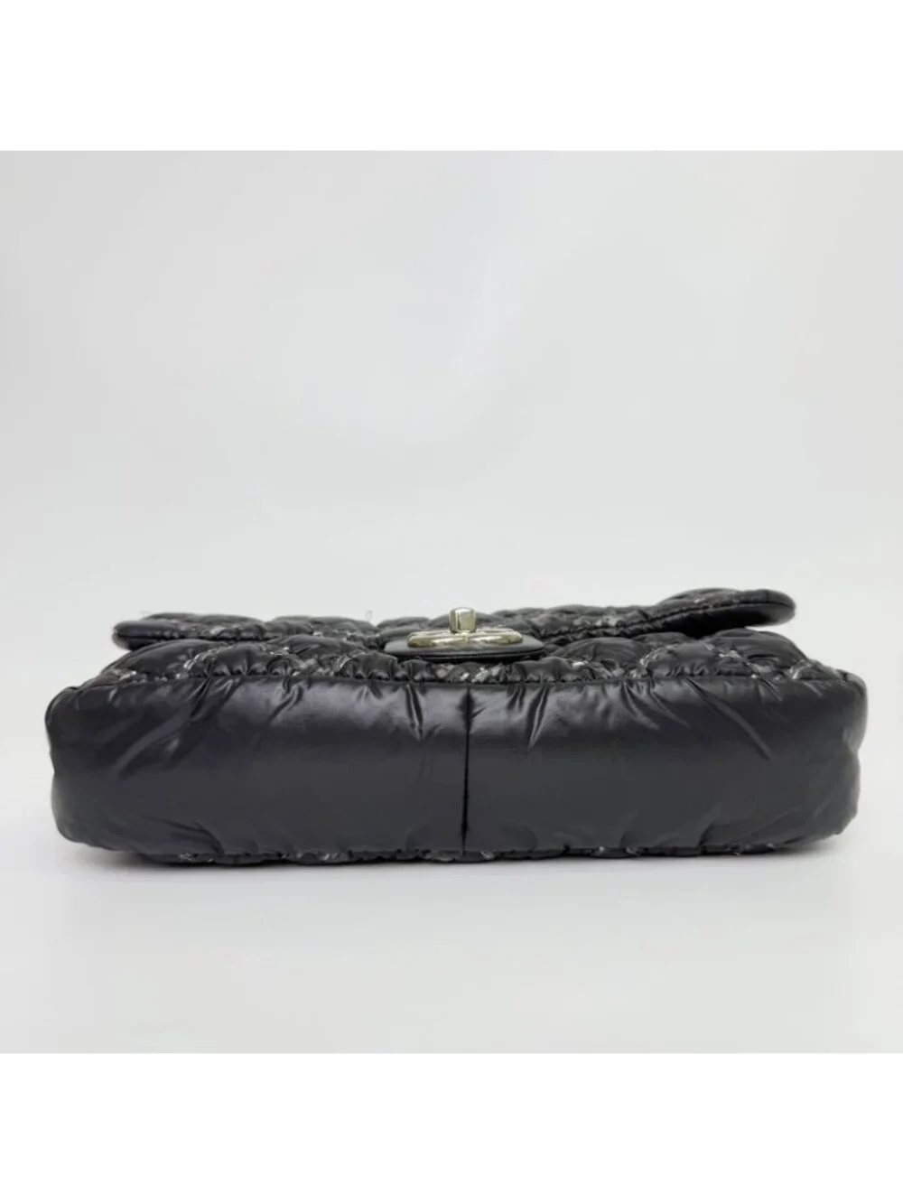 Chanel Quilted Tweed on Stitch Bubble Flap Shoulder Bag Nylon Black Silver Seal